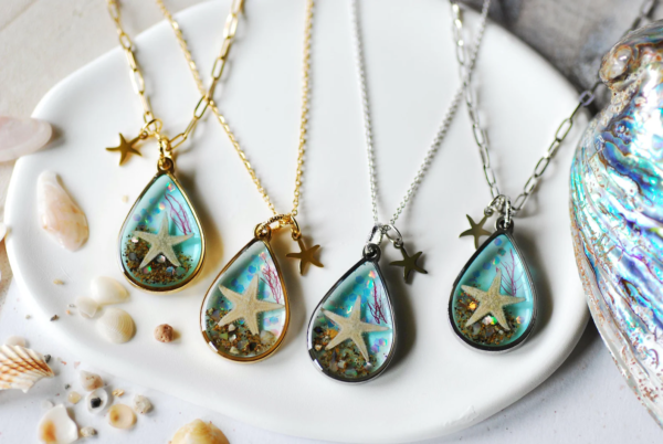 Ocean Teardrop Necklace with Real Starfish, Blue Summer Pendant for Women