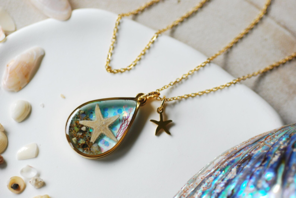 Ocean Teardrop Necklace with Real Starfish, Blue Summer Pendant for Women - Image 5