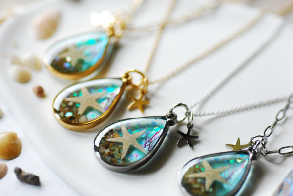 Ocean Teardrop Necklace with Real Starfish, Blue Summer Pendant for Women - Image 2