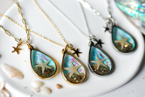 Ocean Teardrop Necklace with Real Starfish, Blue Summer Pendant for Women - Image 7