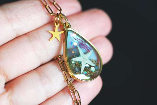 Ocean Teardrop Necklace with Real Starfish, Blue Summer Pendant for Women - Image 3