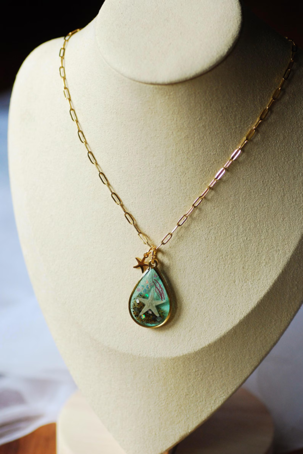 Ocean Teardrop Necklace with Real Starfish, Blue Summer Pendant for Women - Image 8