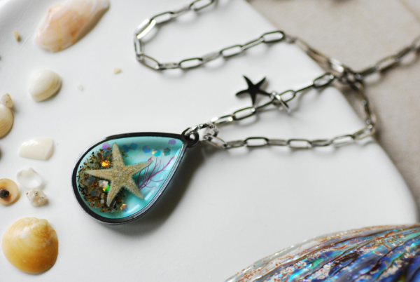 Ocean Teardrop Necklace with Real Starfish, Blue Summer Pendant for Women - Image 6
