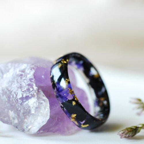 Alternative view of Black Purple Resin Ring with Gladiolus Petals