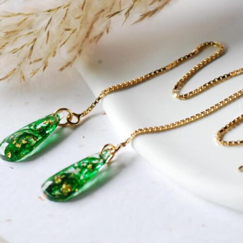 Green Moss Teardrop Earrings with 14k Gold Plated Threader Chain