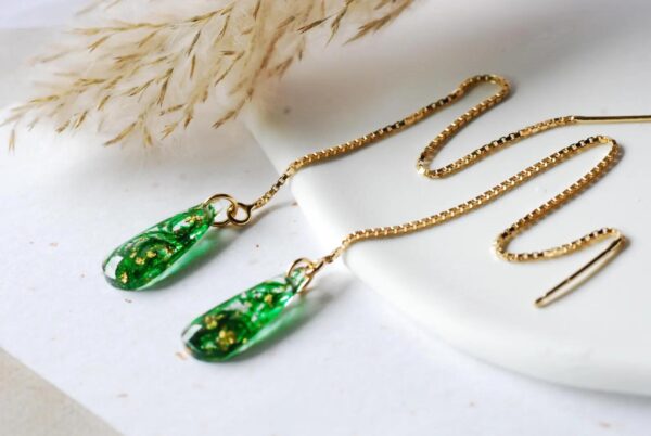Green Moss Teardrop Earrings with 14k Gold Plated Threader Chain