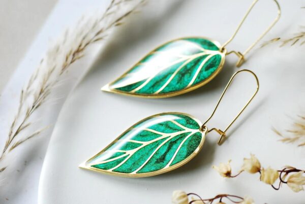Color Change Green Leaf Dangle Earrings, Hand-Painted Boho Jewelry - Image 5
