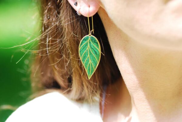 Color Change Green Leaf Dangle Earrings, Hand-Painted Boho Jewelry - Image 3