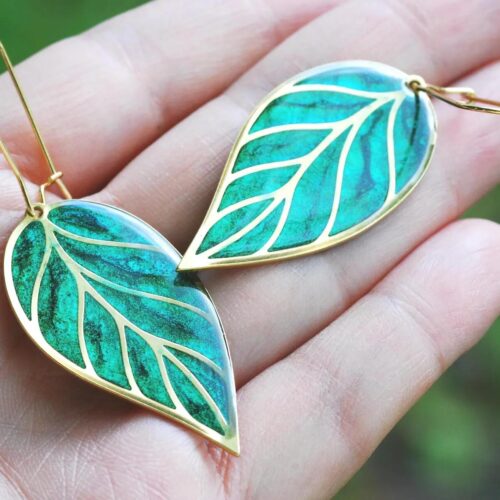 Color Change Green Leaf Dangle Earrings, Hand-Painted Boho Jewelry