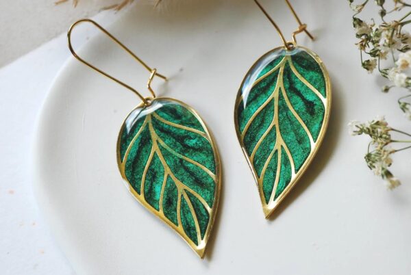 Color Change Green Leaf Dangle Earrings, Hand-Painted Boho Jewelry - Image 6