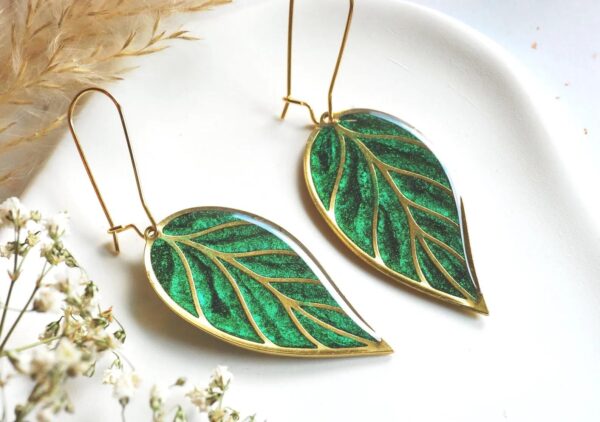 Color Change Green Leaf Dangle Earrings, Hand-Painted Boho Jewelry - Image 7