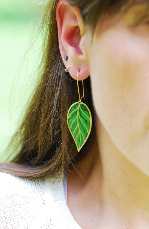 Color Change Green Leaf Dangle Earrings, Hand-Painted Boho Jewelry - Image 8