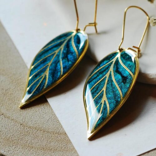 Alternative view of Color Change Green Leaf Dangle Earrings, Hand-Painted Boho Jewelry