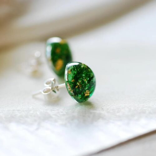 Green Moss Stud Earrings with Gold Flakes