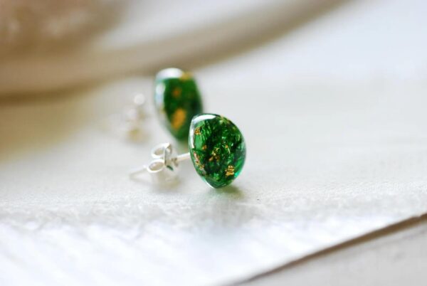 Green Moss Stud Earrings with Gold Flakes