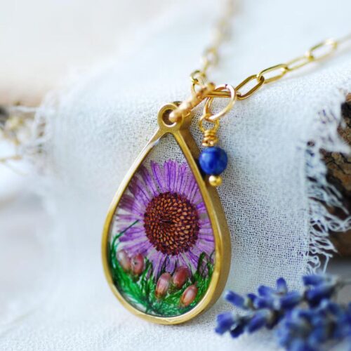 Collier de fleurs d&#39;aster violet, pendentif fleur de naissance de septembre