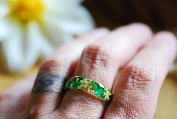 Fairy tale Fern Ring with Yellow Flowers, Cottagecore Style Jewelry - Image 5