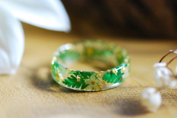Fairy tale Fern Ring with Yellow Flowers, Cottagecore Style Jewelry