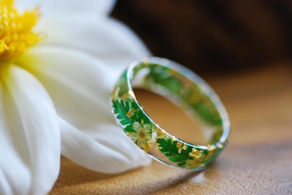 Fairy tale Fern Ring with Yellow Flowers, Cottagecore Style Jewelry - Image 6