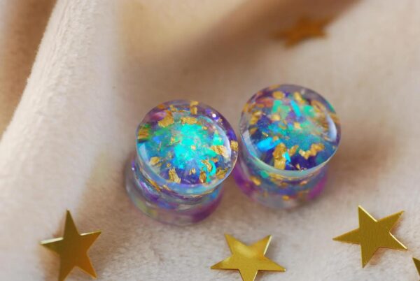 Iridescent Purple Ear Plugs, Fairy Holographic Resin Gauges