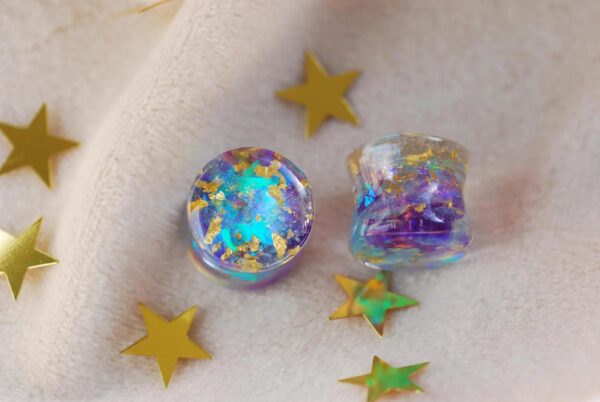 Iridescent Purple Ear Plugs, Fairy Holographic Resin Gauges - Image 4