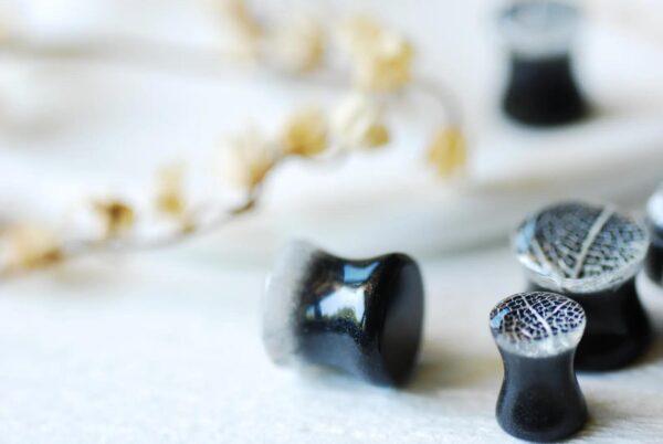 Real Skeleton Leaf Ear Plugs, Black Resin Double Flare Gauges - Image 3