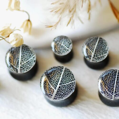 Real Skeleton Leaf Ear Plugs, Black Resin Double Flare Gauges