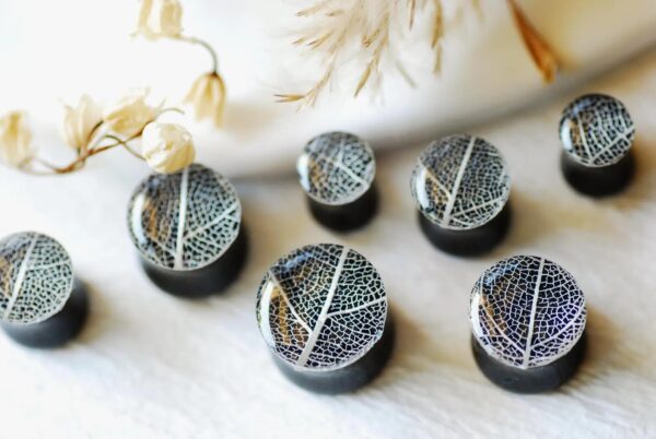 Real Skeleton Leaf Ear Plugs, Black Resin Double Flare Gauges
