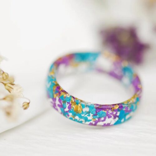 Violet and Purple Flower Resin Ring with Gold Flakes, Pressed Flowers Jewelry