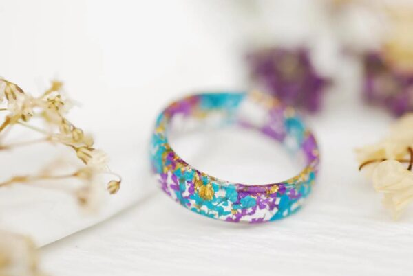 Violet and Purple Flower Resin Ring with Gold Flakes, Pressed Flowers Jewelry