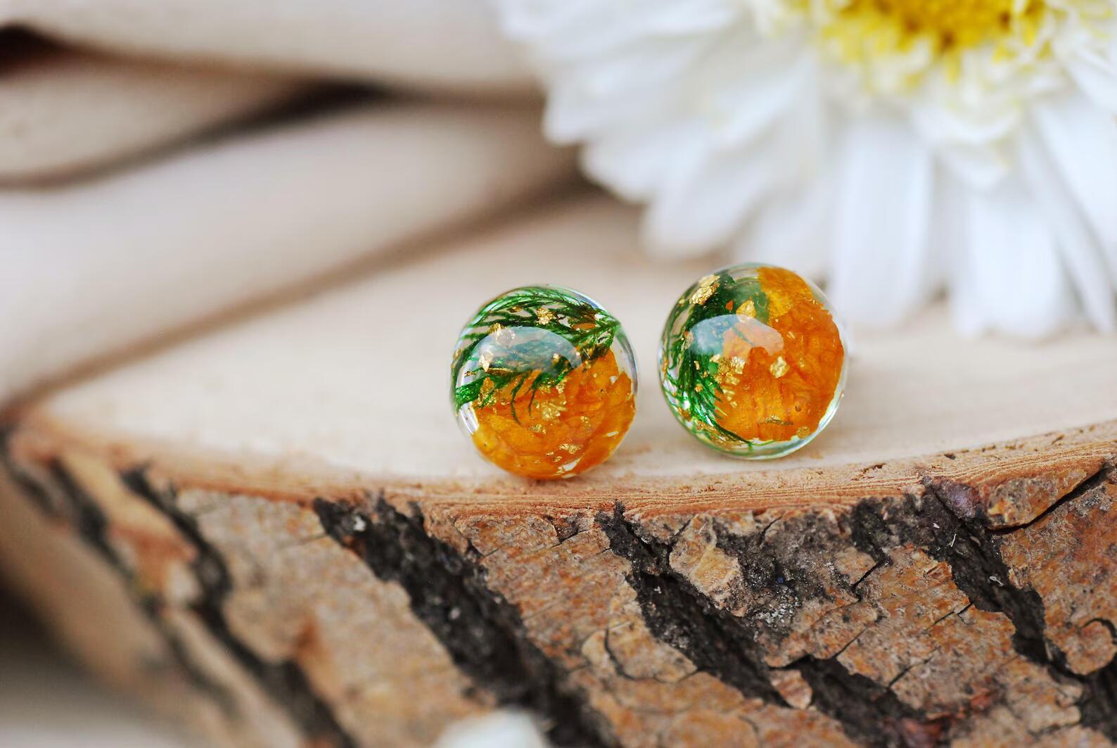 Orange Earrings with marigolds and moss