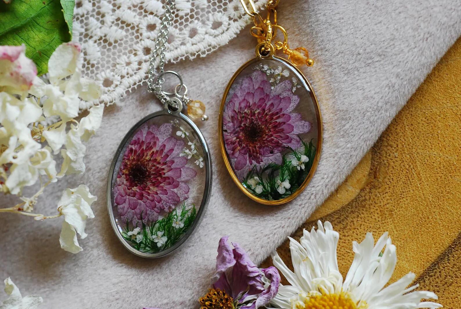 November Birth Flower Necklace, Purple Chrysanthemum Pendant, Citrine Birthstone Jewelry