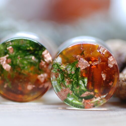 orange green ear plugs with amber and moss