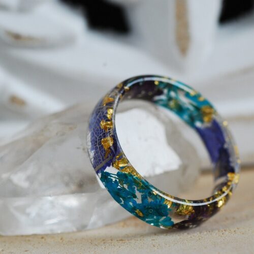 Flower resin ring with blue and purple petals with gold flakes