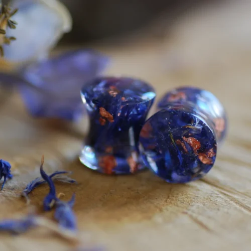 blue ear gauges with real flowers