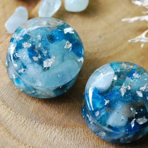 blue gauges with real stones