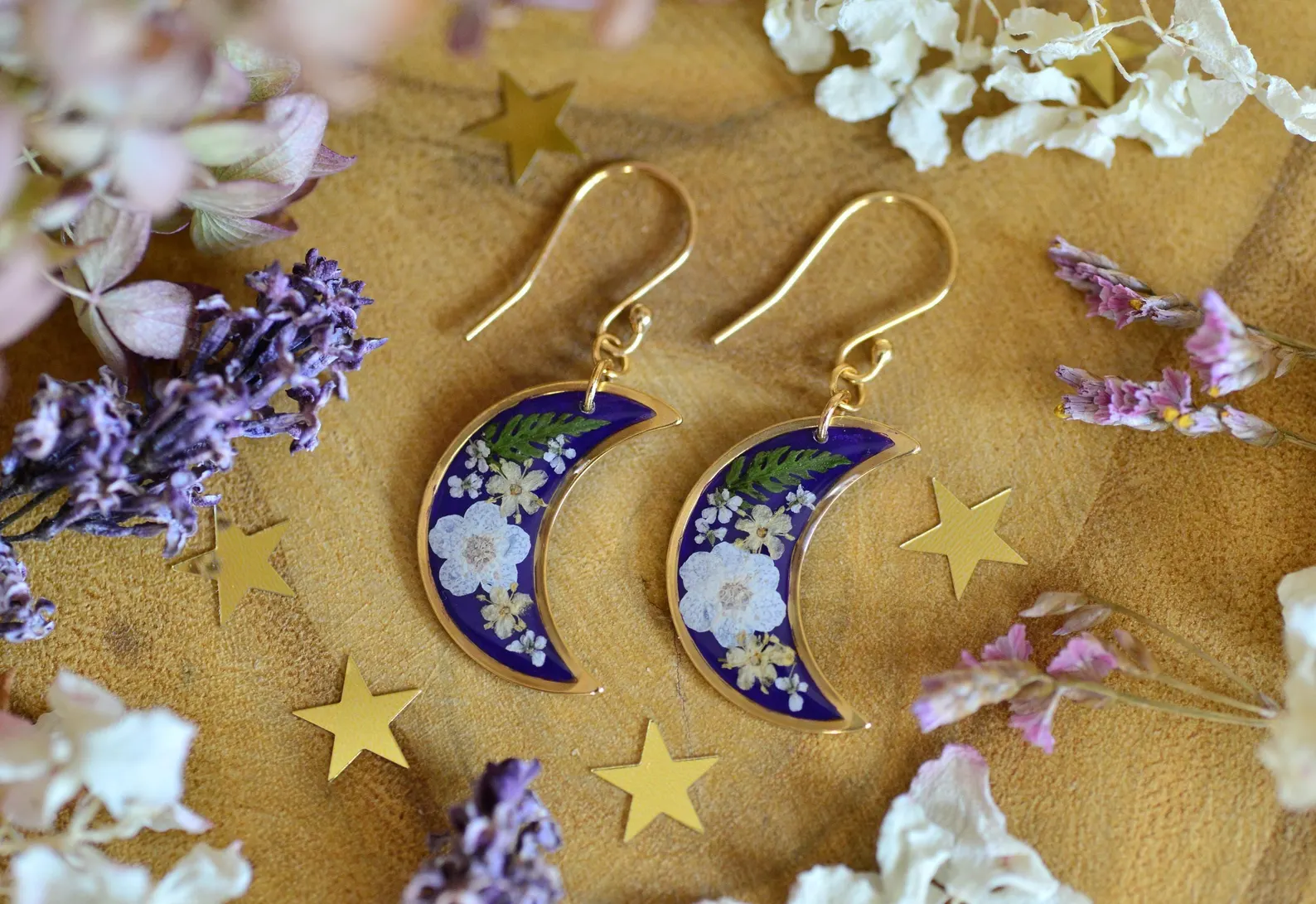 purple earrings with wildflowers