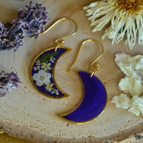 moon shaped gold earrings with flowers