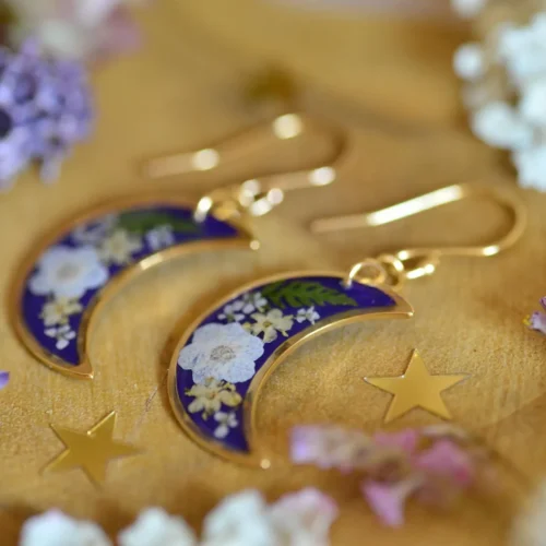 beautiful purple moon earrings with flowers gift for her