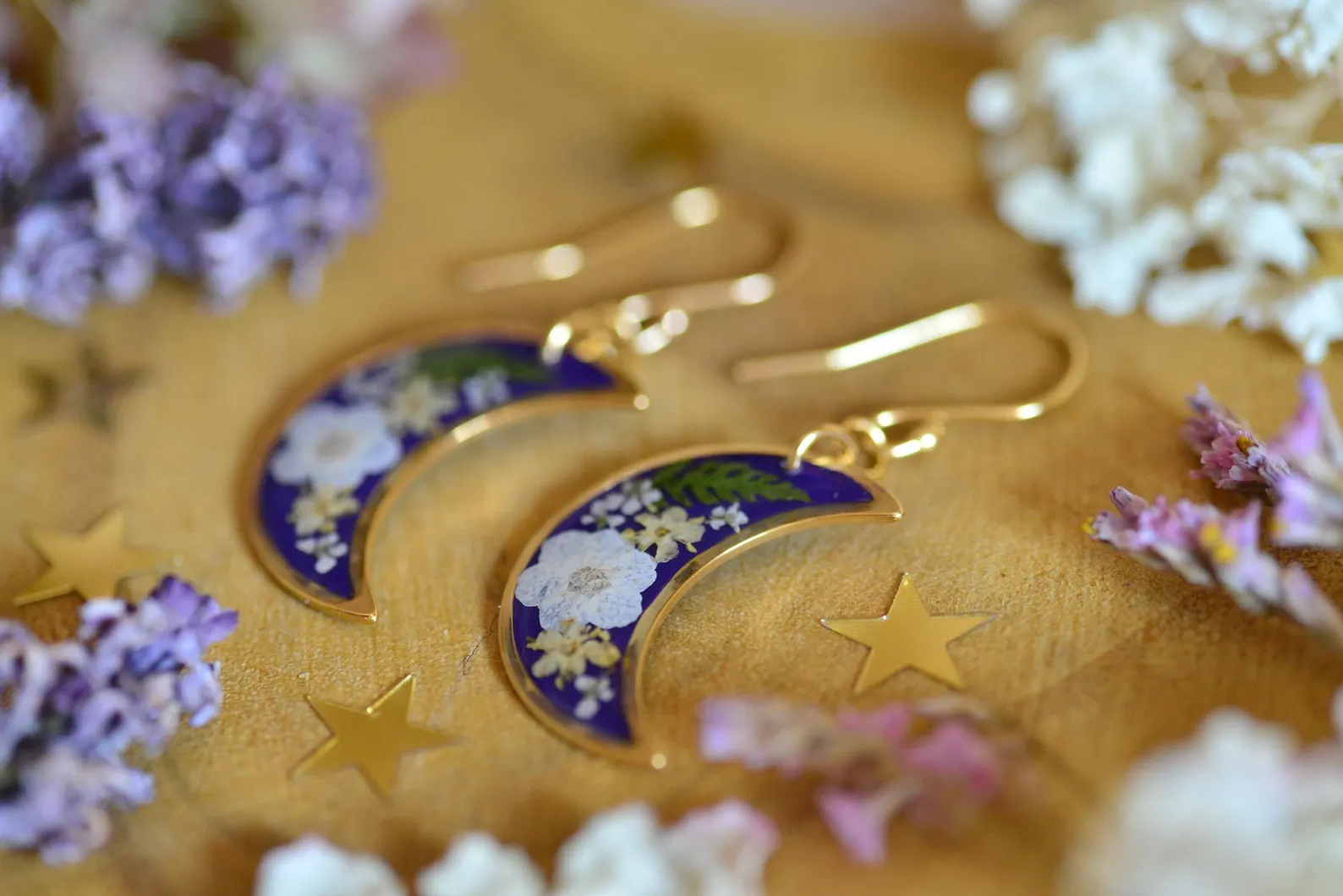 beautiful purple moon earrings with flowers gift for her