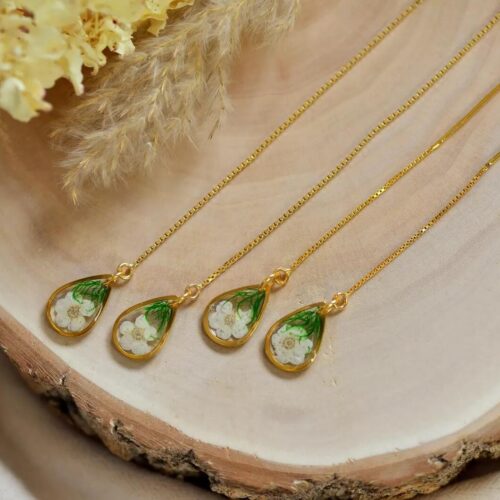 Hawthorn threader earrings handmade by Alpaca Blue in gold and moss