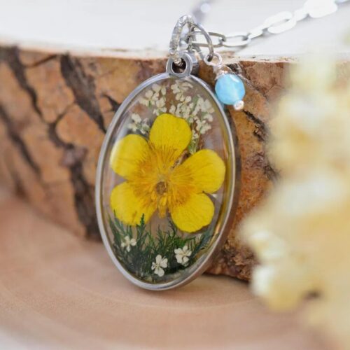 Close‑up of yellow resin necklace showing aquamarine detail