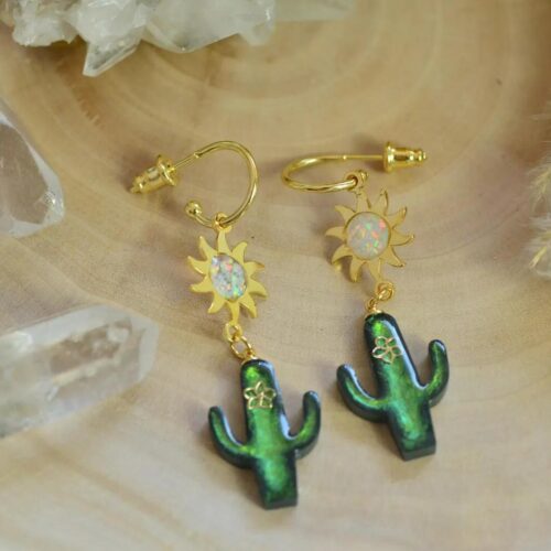 Green cactus earrings handmade by Alpaca Blue with gold sun and opal stone